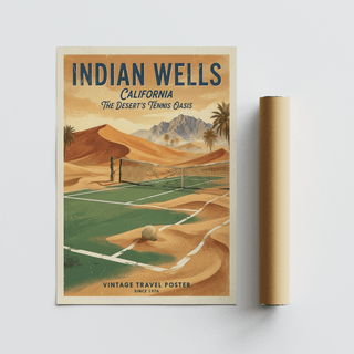 Detailing a tennis poster print with large INDIAN WELLS text, California subtitle, and sandy landscape
