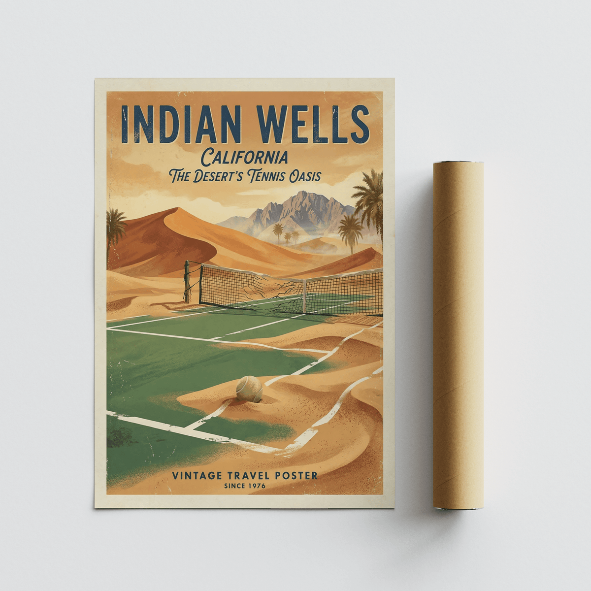 Detailing a tennis poster print with large INDIAN WELLS text, California subtitle, and sandy landscape