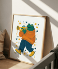 Frog Playing Trumpet Art with orange and navy blue tones for bedroom wall art