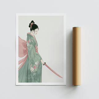 Minimalist portrait of woman in kimono updo holding long ribbon