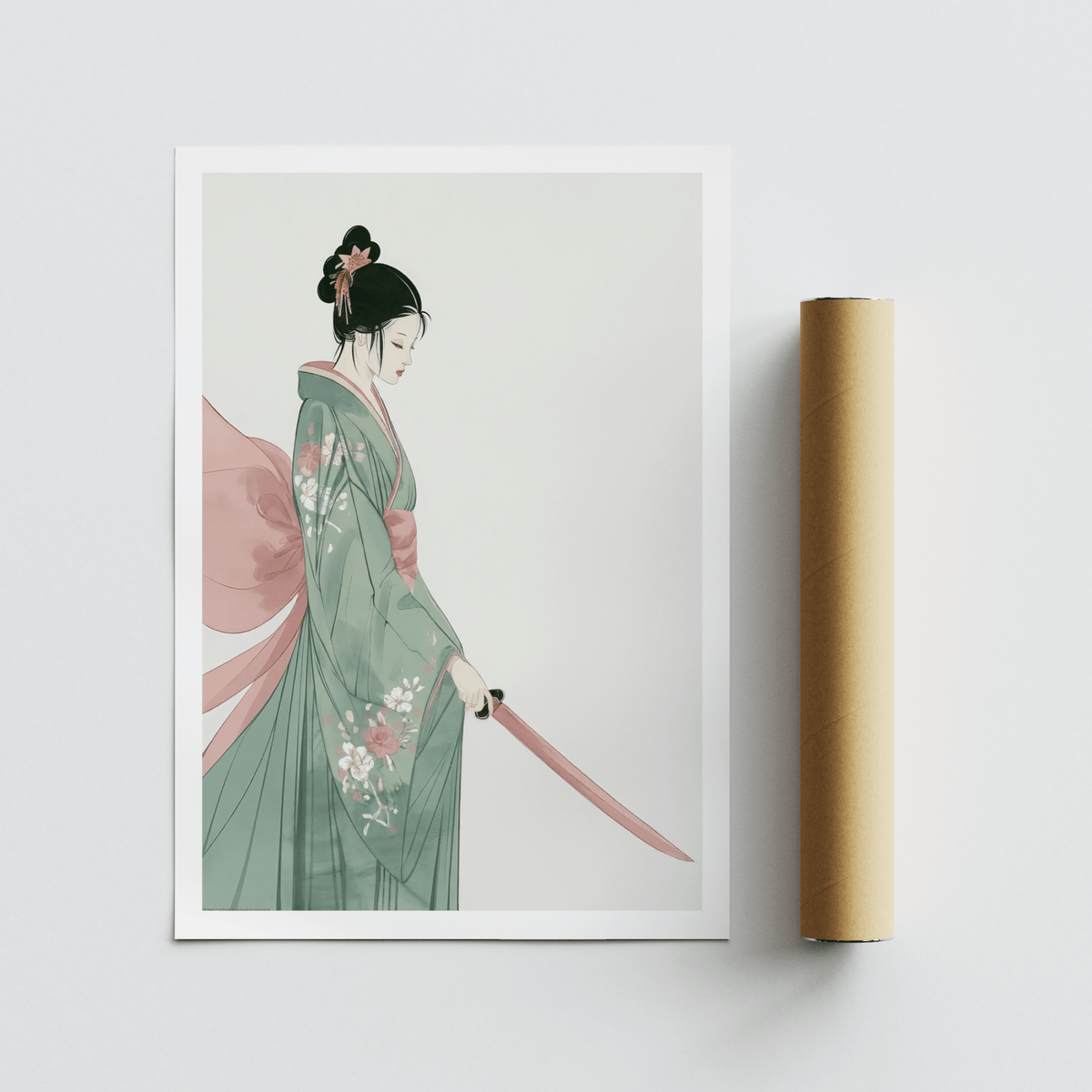 Minimalist portrait of woman in kimono updo holding long ribbon