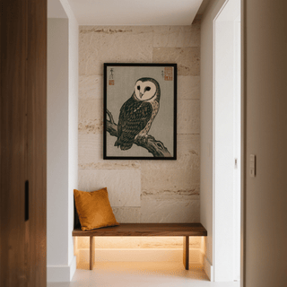 Japanese Owl Art Print in brown and gray for serene lounge art print