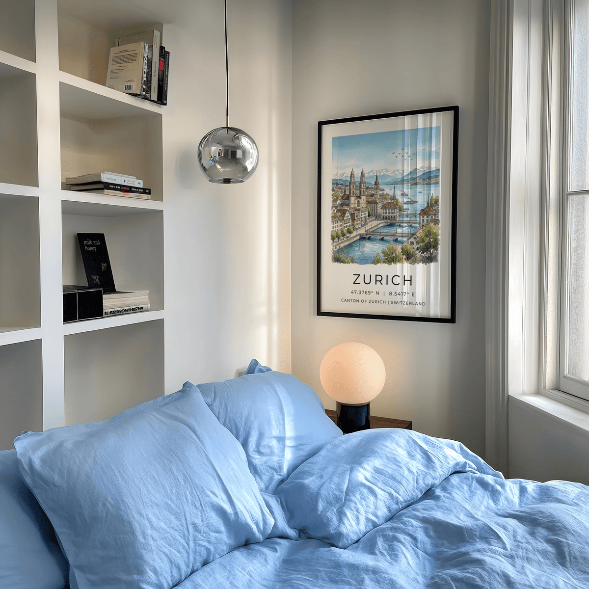 Cityscape print highlighting old town rooftops and arched stone bridge