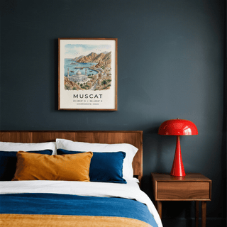 Cerulean bay framed by hillside forts and palm trees in coastal illustration