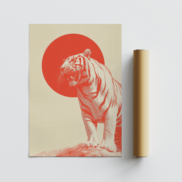 Bold Tiger Wall Art in red and beige for dining room poster