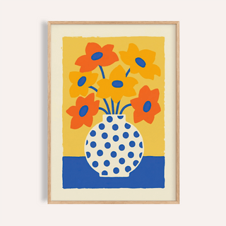 Vase and Flowers Poster for living room wall art in Orange, Yellow, Blue tones
