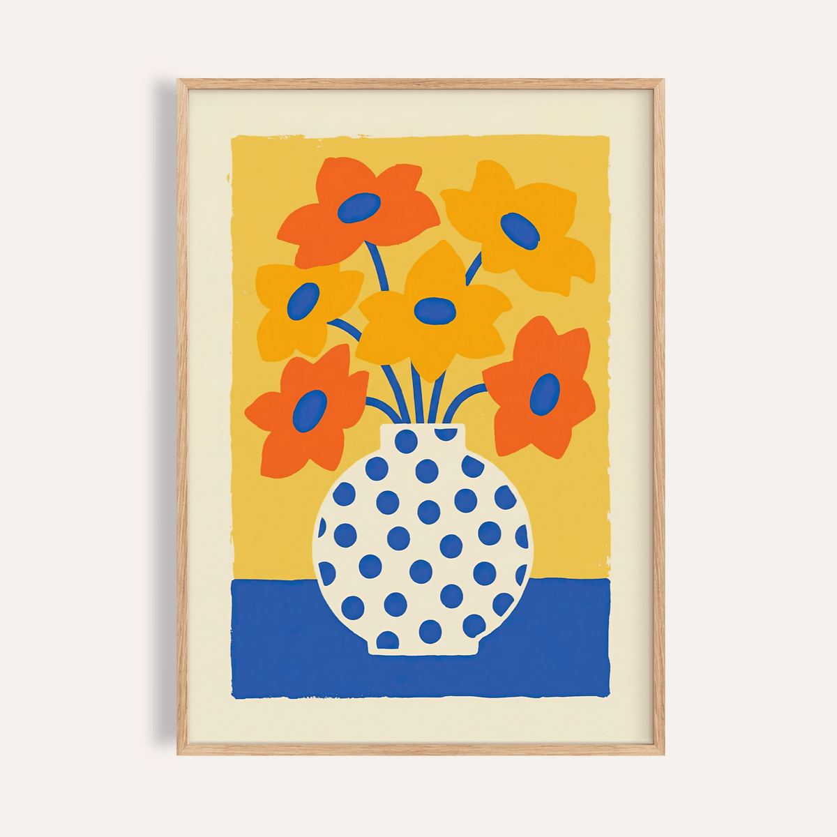 Vase and Flowers Poster for living room wall art in Orange, Yellow, Blue tones