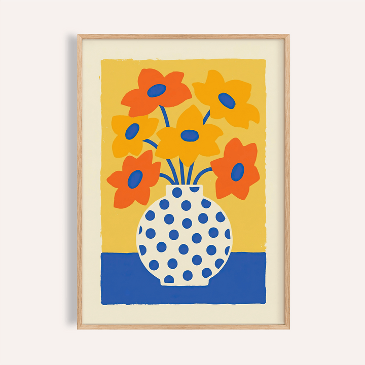 Vase and Flowers Poster for living room wall art in Orange, Yellow, Blue tones