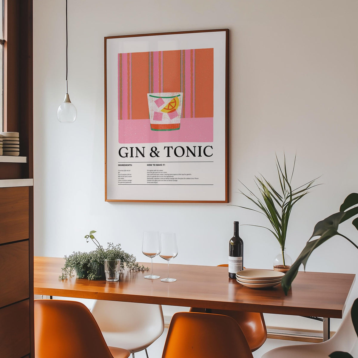 Kitchen art featuring a colorful gin and tonic with vintage striped background.