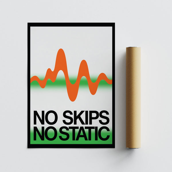 Abstract waveform in retro music poster with green accents.