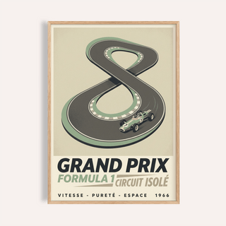 Figure-eight circuit race poster with formula car and Grand Prix text