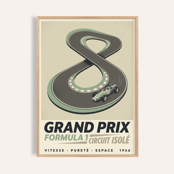 Figure-eight circuit race poster with formula car and Grand Prix text