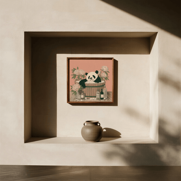 Panda Bath Print poster in Gray, Brown for kids' room wall art