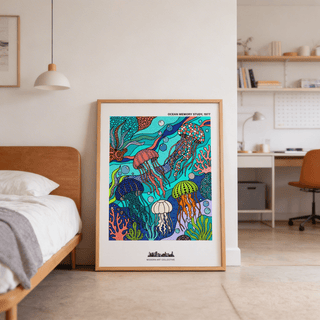 Illustrated sea life wall art featuring jellyfish forms and coral-like branches