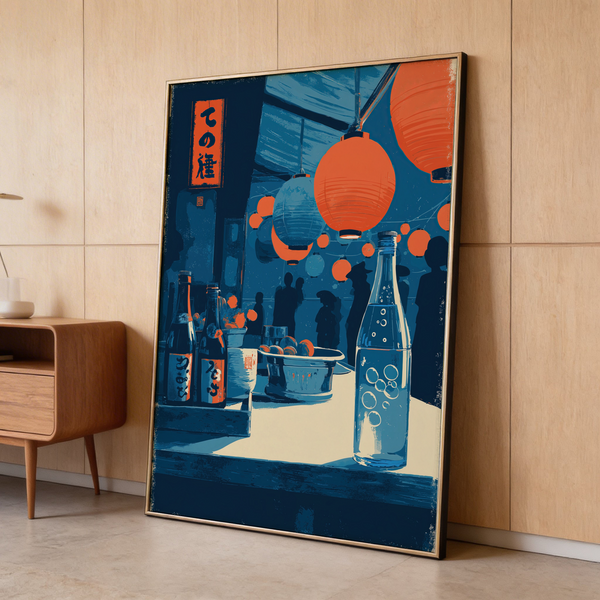 Angled room mockup showing Japanese Market Wall Art on a wall above a console