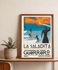 La Saladita Guerrero typography on Surfing Sunset Print coastal decor