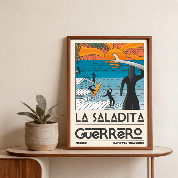 La Saladita Guerrero typography on Surfing Sunset Print coastal decor
