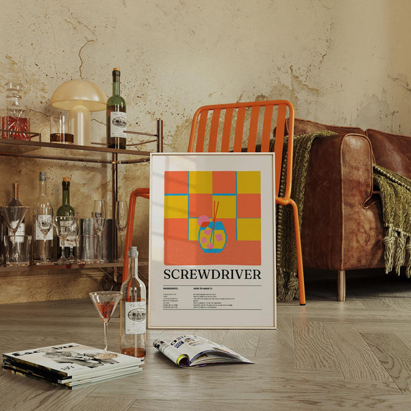 Orange and yellow kitchen art print featuring a Screwdriver cocktail illustration.