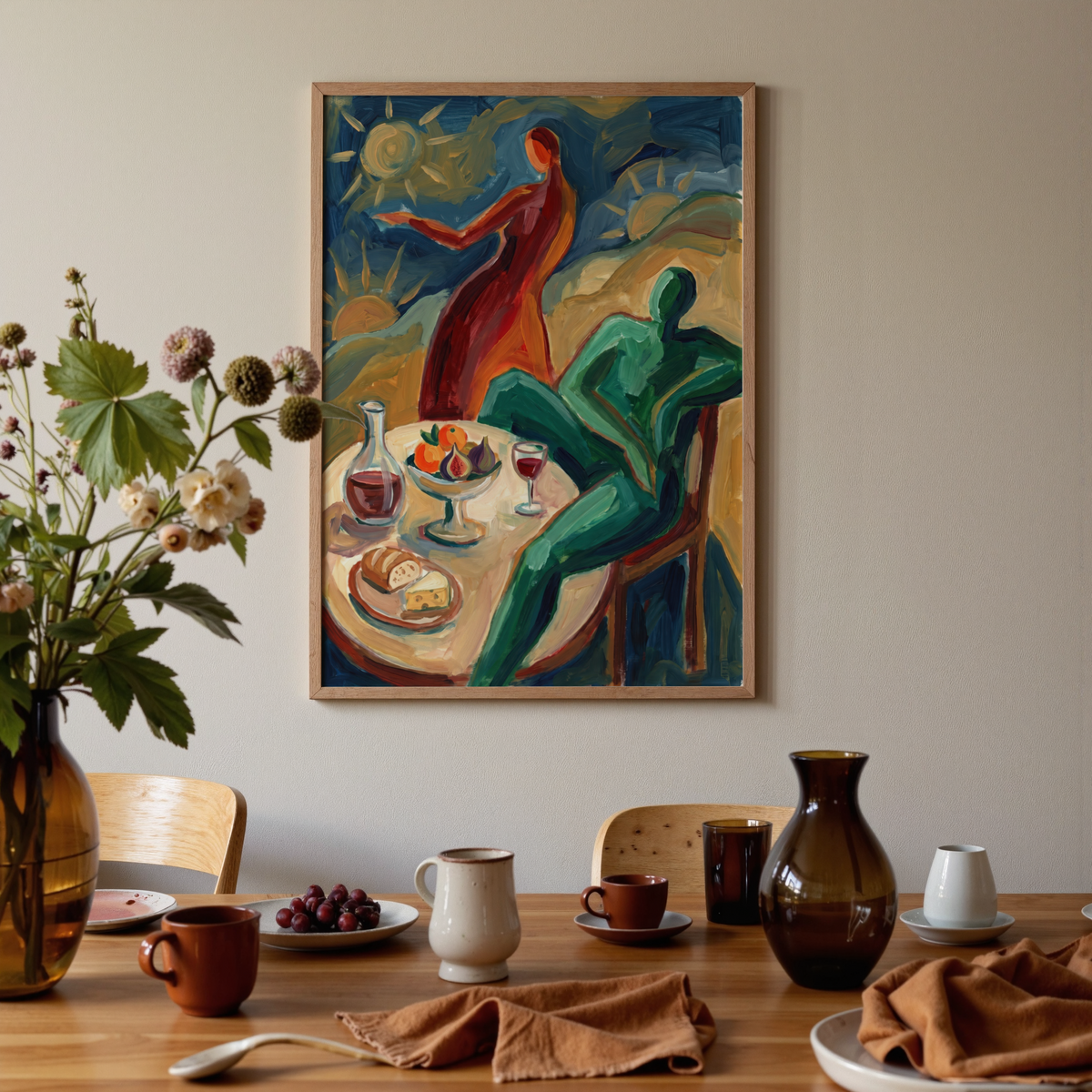 Layered shapes create motion around central table composition