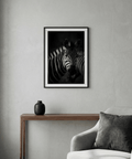 Zebra Black White Print poster featuring a zebra portrait with stripes