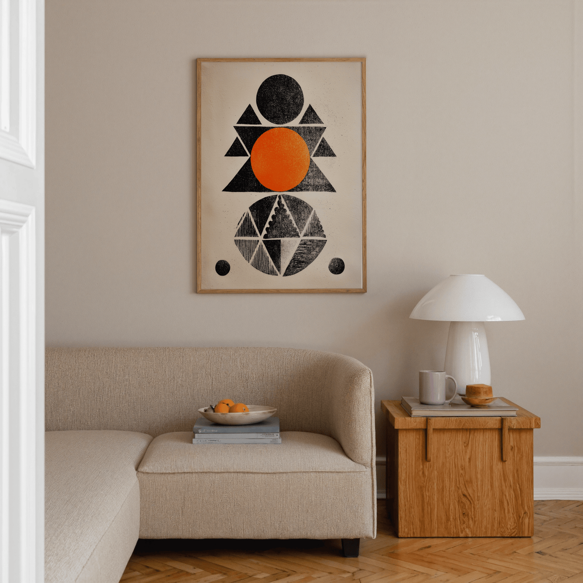 Symmetrical shape poster in beige orange and black palette