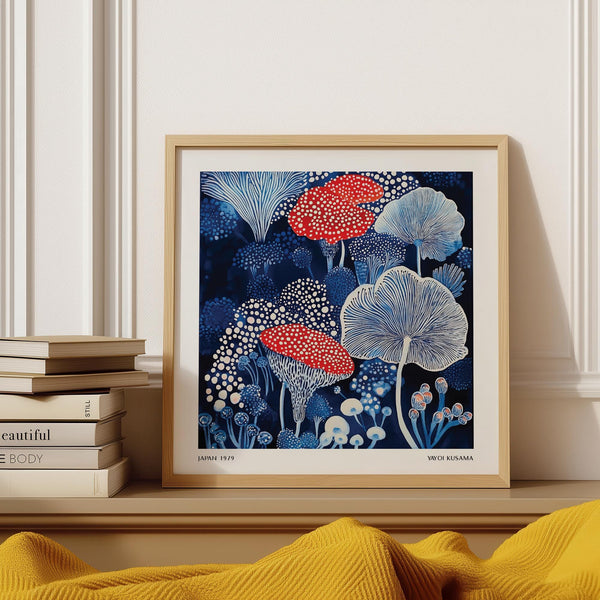 Mushroom poster with abstract red caps and blue forest fungi on a dark background.