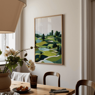 Crop of sand bunker shapes and fairway shadows on golf landscape wall art print