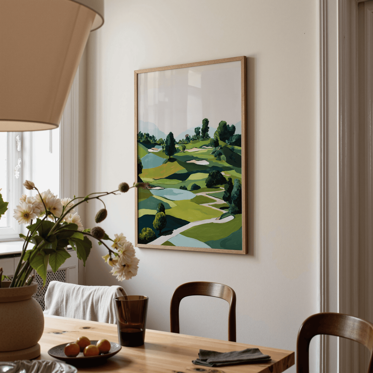 Crop of sand bunker shapes and fairway shadows on golf landscape wall art print