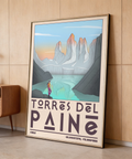 Detail showing hiker figure by the lake on Torres Del Paine travel wall art print