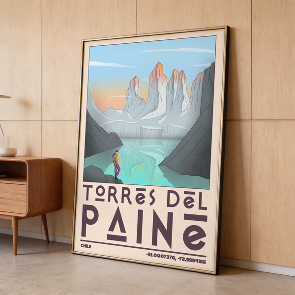 Detail showing hiker figure by the lake on Torres Del Paine travel wall art print