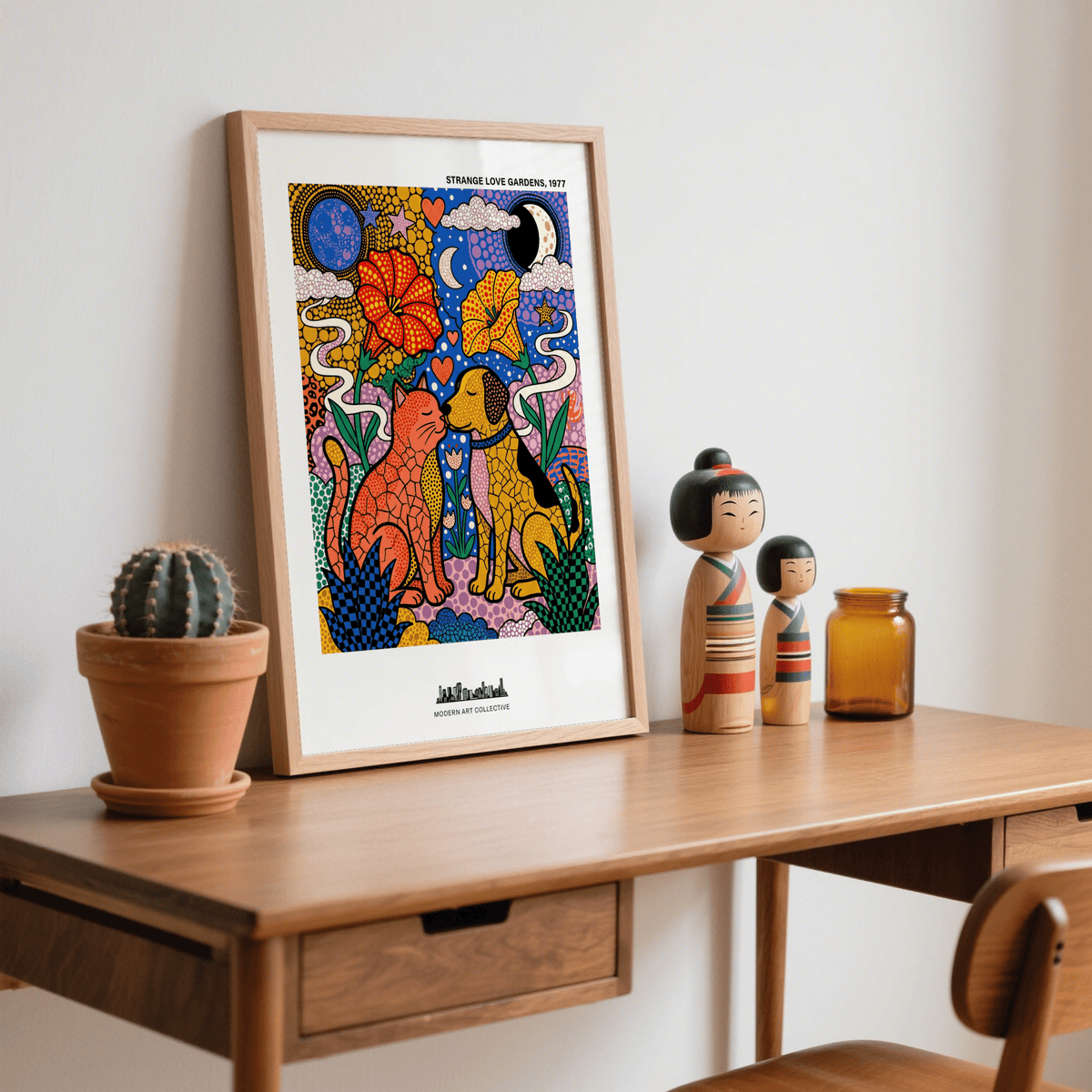 Center composition of Colorful Animal Art Print showing cat and dog nose-to-nose with decorative textures