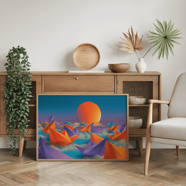 Origami Wall Art showing paper shapes, orange sun for lounge wall art