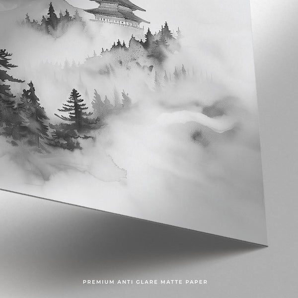 Soft ink brush strokes creating a mountain scene, minimalist mountain art in Japanese style.