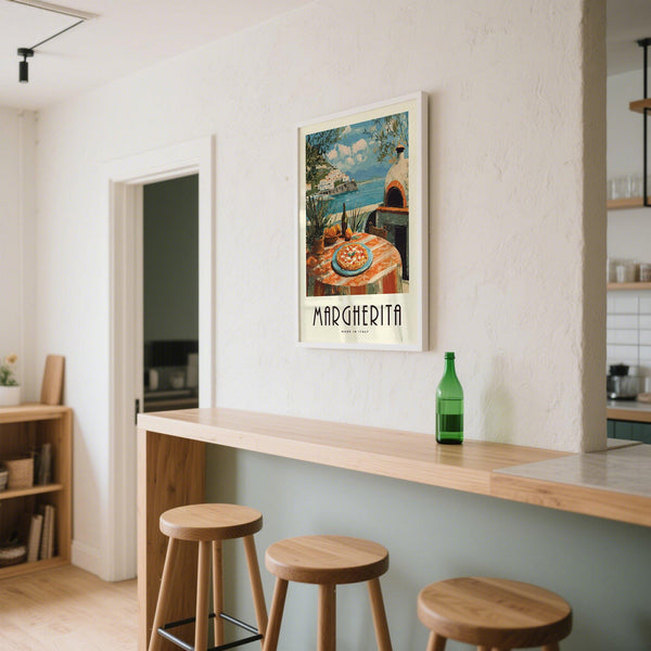 Olive trees frame a vintage Italian food print with seaside view and classic pizza.