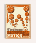 Retro basketball motion wall art poster with multiple bouncing ball arcs and bold bottom typography