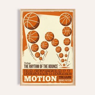 Retro basketball motion wall art poster with multiple bouncing ball arcs and bold bottom typography