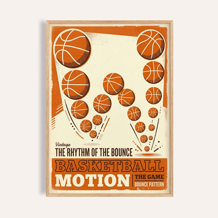Retro basketball motion wall art poster with multiple bouncing ball arcs and bold bottom typography