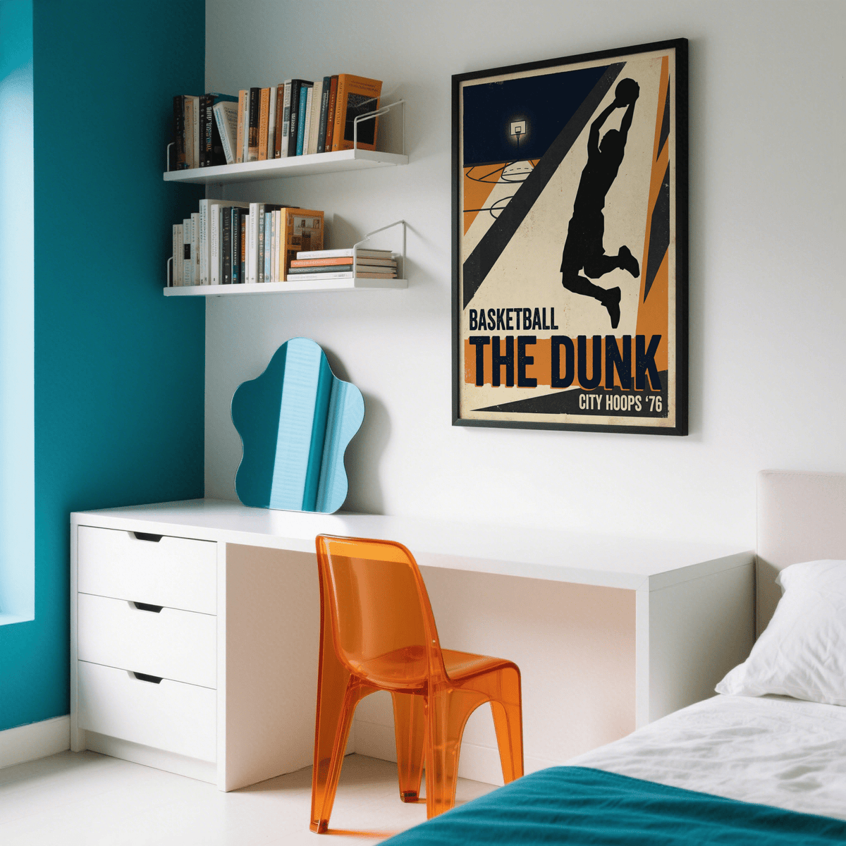 Depicting basketball dunk poster print in Orange, Black, Beige with bold block lettering and textured background