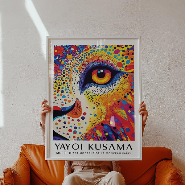 Lion Animal Poster featuring a close-up lion eye in a Yayoi Kusama-inspired style.