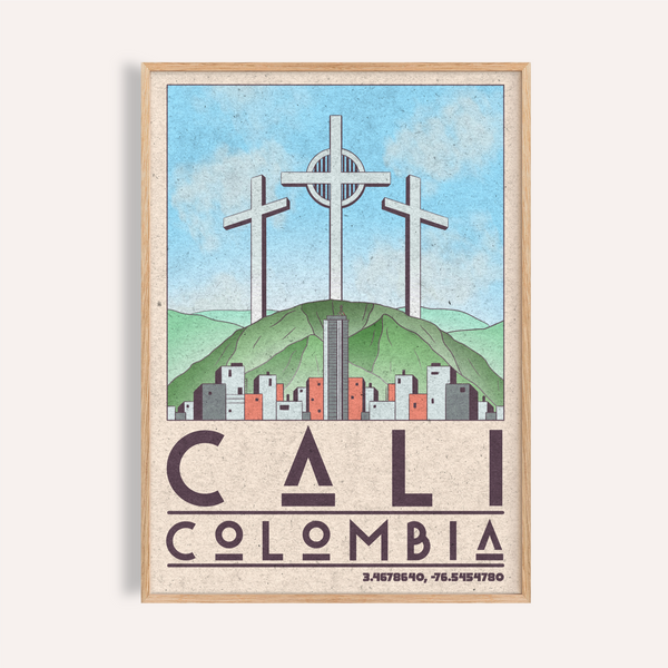 Cali Colombia Art Print showing Three Crosses Monument and skyline