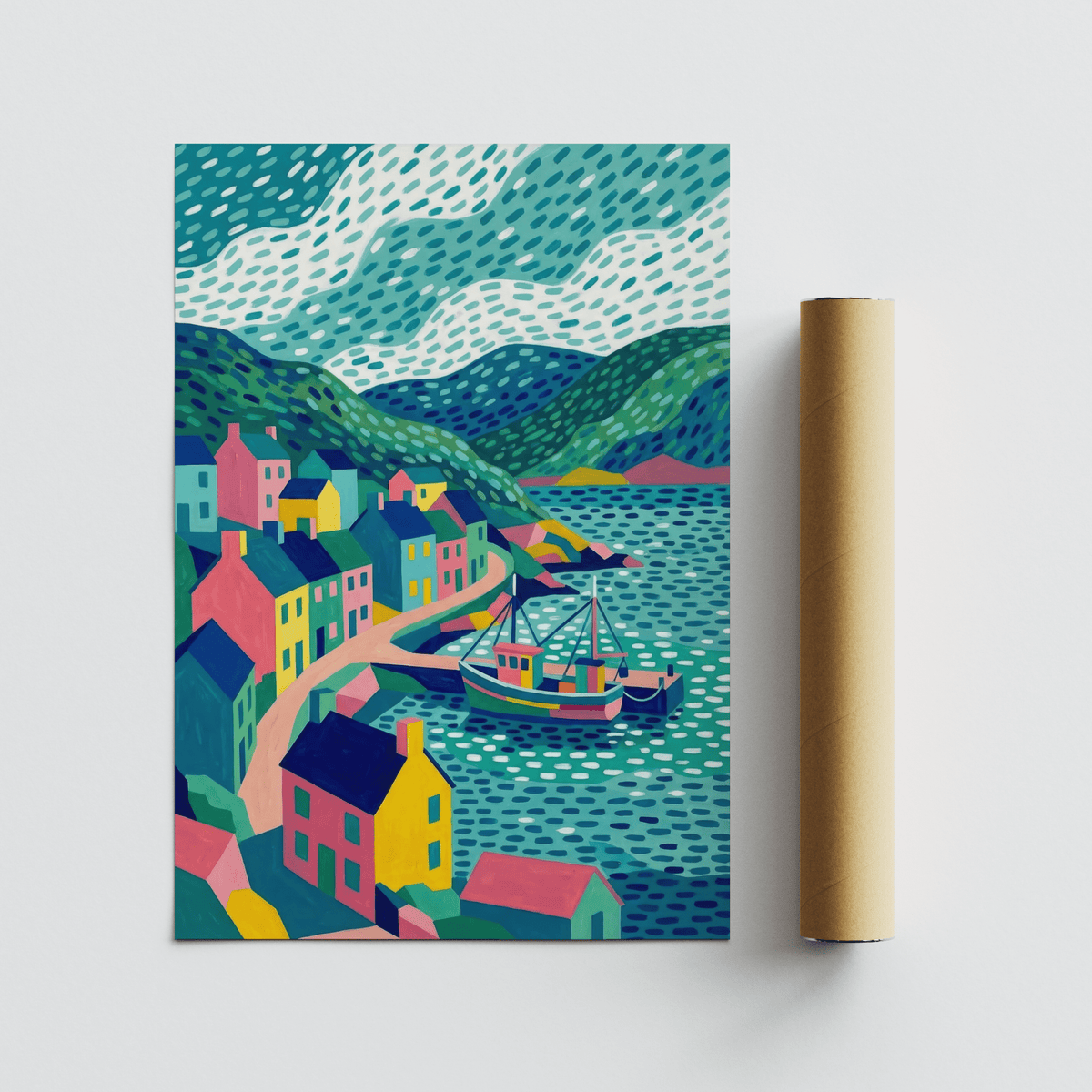 Colorful Coastal Art Print with Pink accents for coastal-themed dining room wall art.