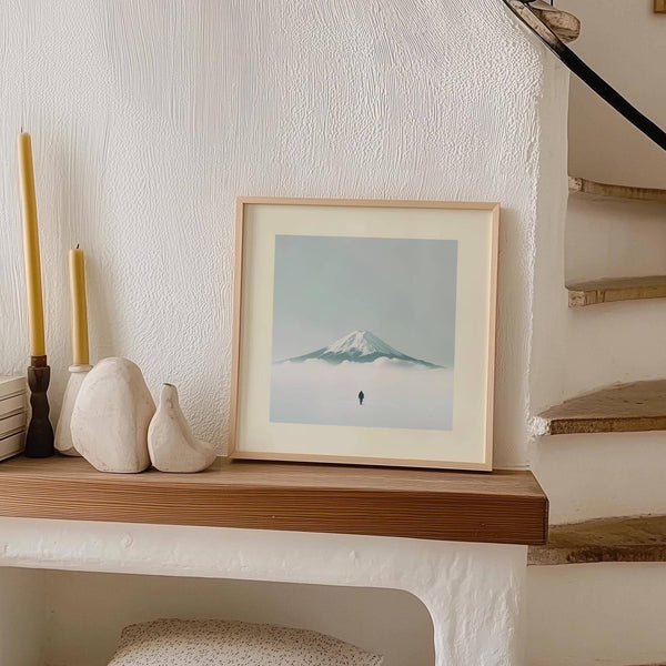 Solitude-themed japan travel poster with minimalist design and mountain view