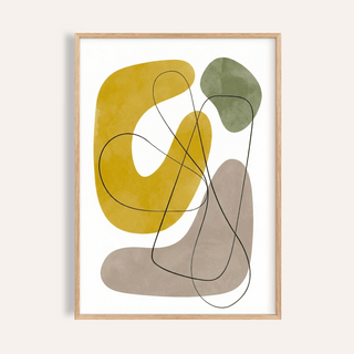 Framed abstract wall print with yellow, green and beige organic shapes and black lines