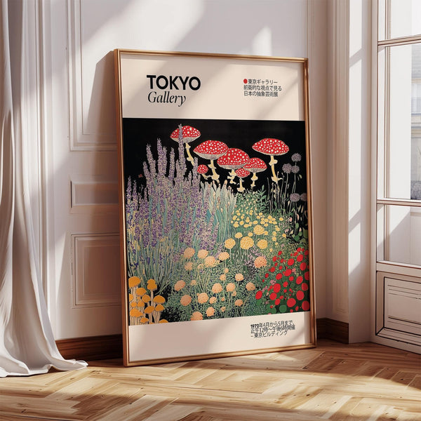 Japanese floral prints vintage style with mushrooms and black background