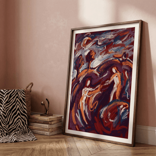 Vertical art poster showing intertwined bodies made of expressive marks