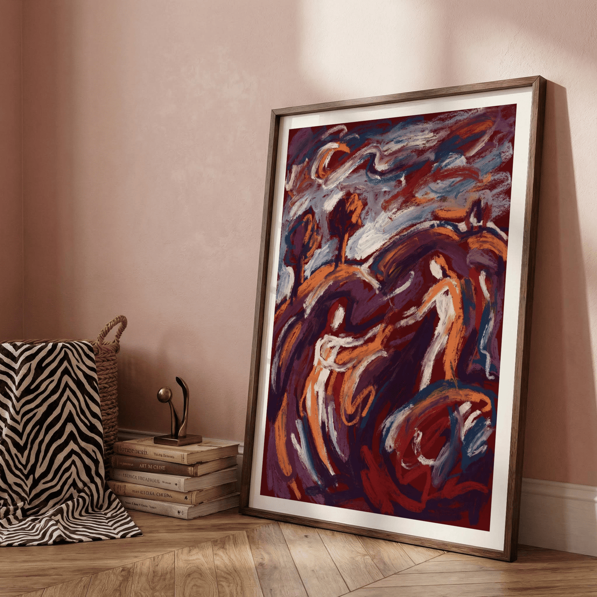 Vertical art poster showing intertwined bodies made of expressive marks
