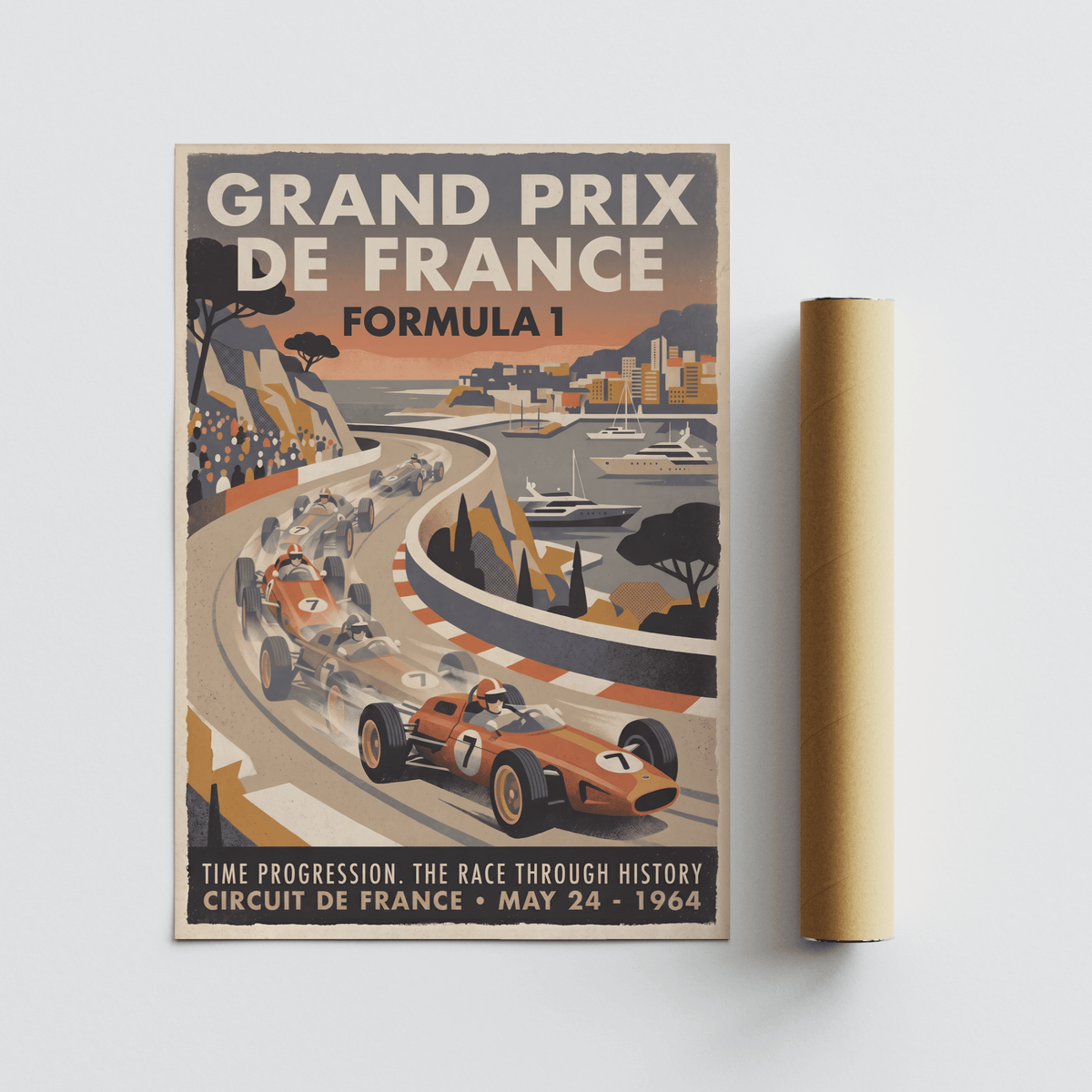 Coastal circuit race poster with yachts in the marina and hillside scenery