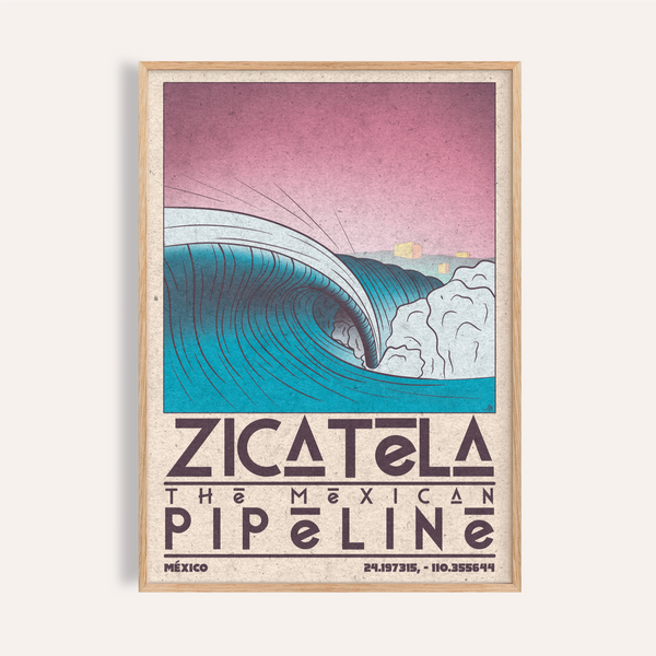 Featuring Mexican Beach Art poster with Zicatela wave illustration and bold typography