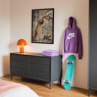 Centered Basketball Graffiti Wall Art print featuring basketball mid-flight with paint splatter and backboard sketch