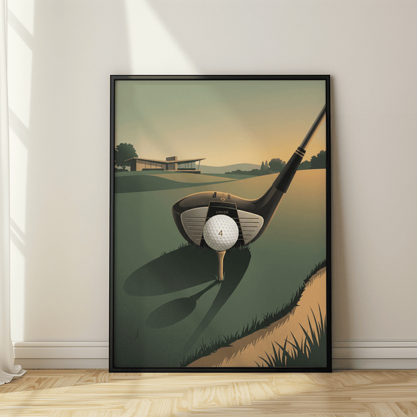 Close-up wall art print of a golf driver and dimpled ball marked 4 on a tee